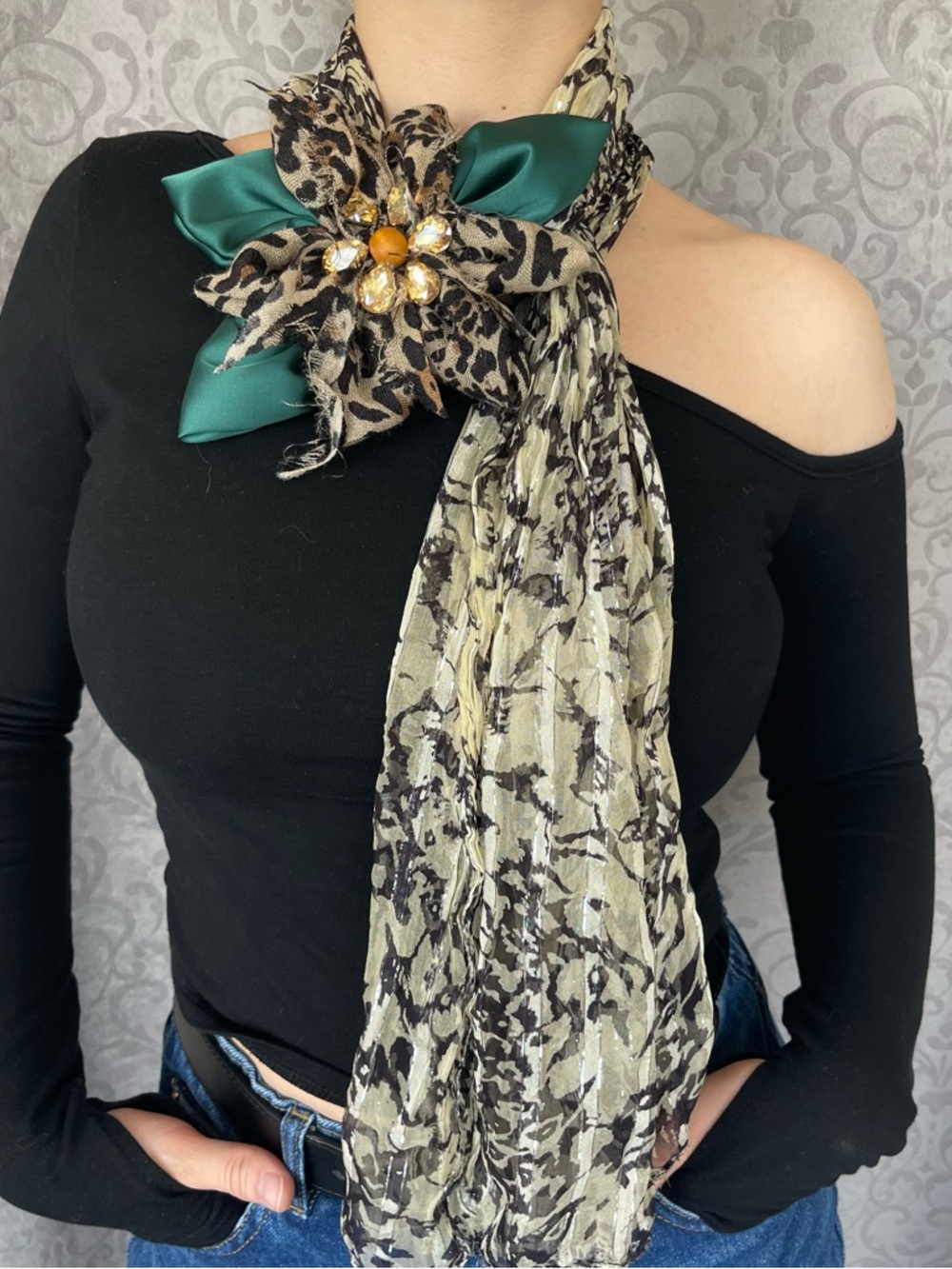 Leopard Print Sheer silk Scarf with Floral Brooch sparkly amber-toned gemstones.